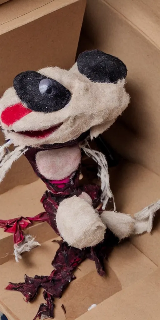 Prompt: a cute and creepy dusty puppet with glowing red eyes coming out of a shoe box full of scraps