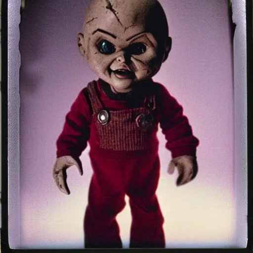 Prompt: polaroid photo of the doll chucky from the movie child's play remake. dark, gloomy, highly detailed.