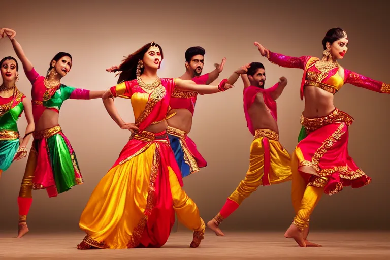 Image similar to still photo of bollywood dancers dancing, wearing silk cloth in whole body, highly detailed, photorealistic portrait, bright studio setting, studio lighting, crisp quality and light reflections, unreal engine 5 quality render