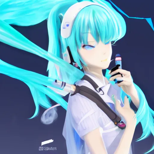 Prompt: hatsune miku smoking a vape pen in her right hand | smoke coming out of her mouth, artstation, 4 k