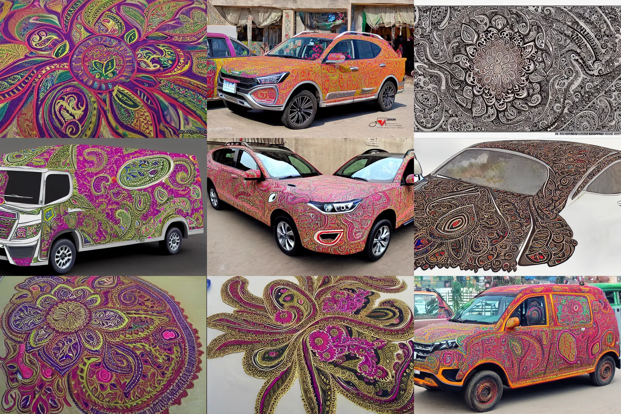 Image similar to haval f 7, havalvision 2 0 2 5, floral design, pakistani or indian truck art design, ornate flower design, paisley, mehndi patterns