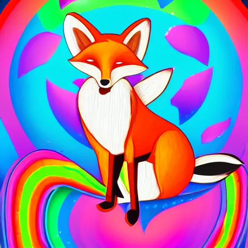 Image similar to digital art in the style of Lisa frank, depicting, anthropomorphic fox furry with their eyes closed, dreaming of pastel rainbows and happy thoughts, trending on FurAffinity