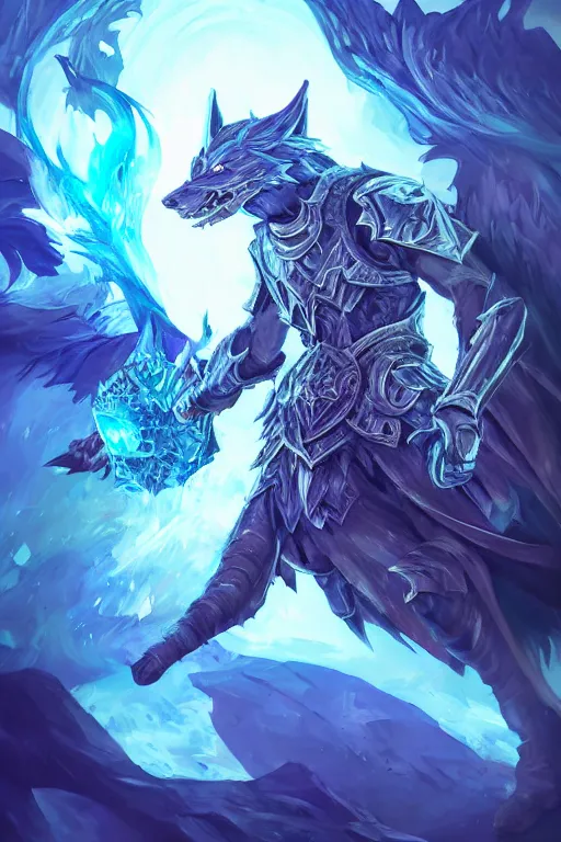 Image similar to anthropomorphic Azure wolf knight, DnD character art portrait, fantasy battleground, raining, blue flame, oil painting, heroic pose, magic the gathering artwork, D&D, fantasy, cinematic lighting, centered, symmetrical, highly detailed, digital painting, artstation, concept art, chromatic aberration, post processing, smooth, sharp focus, illustration, volumetric lighting, epic Composition, 8k, art, DeviantArt, trending on Artstation, Jason Felix, Steve Argyle, Tyler Jacobson, Peter Mohrbacher, Akihiko Yoshida, Greg Rutkowski, Craig Mullins, Frank Frazetta, cinematic lighting