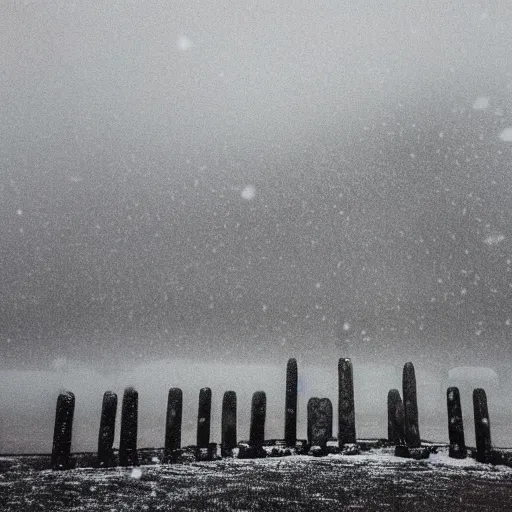 Image similar to 'a portrait of an army of cats sitting in front of the neolithic standing stones, haunting, fog, grainy, snowing, atmospheric clouds'