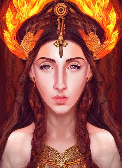 Image similar to Portrait of a beautiful priestess from the oracle of Delphi, looking into the flames, greek mythology, lecherous pose, in the style of Julia Ustinovich, digital art