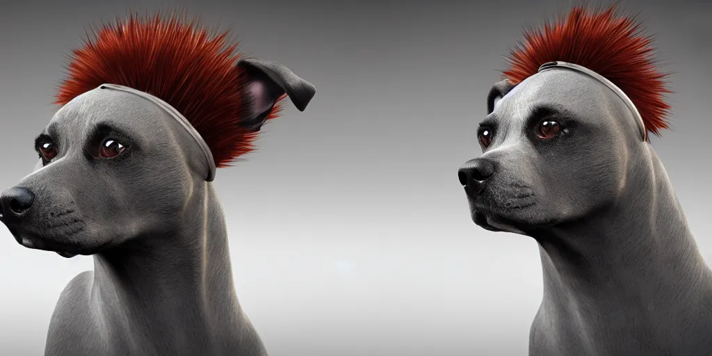 Image similar to portrait of a dog with a human mohawk hat, digital art, unreal engine