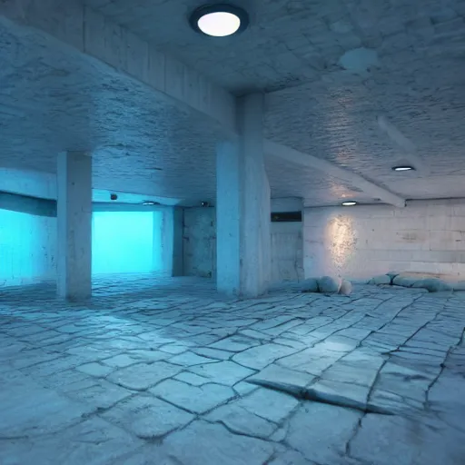 Prompt: liminal basement underwater, happy, hyper realistic, pastel colours, octane render