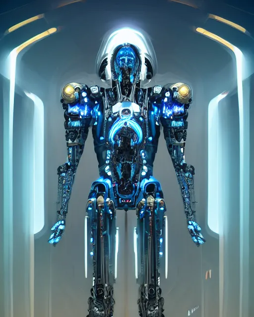 Image similar to benevolent cyborg necromancer, scifi, futuristic, helpful, kind, intelligent, alien room background, white, blue, gold, highly detailed, trending on artstation, soft light, holy machine, advanced technology, art by vitaly bulgarov and nivanh chanthara and lance wilkinson