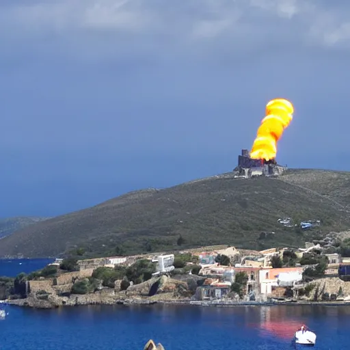 Prompt: nuke bomb in the mountain of cadaques village exploding