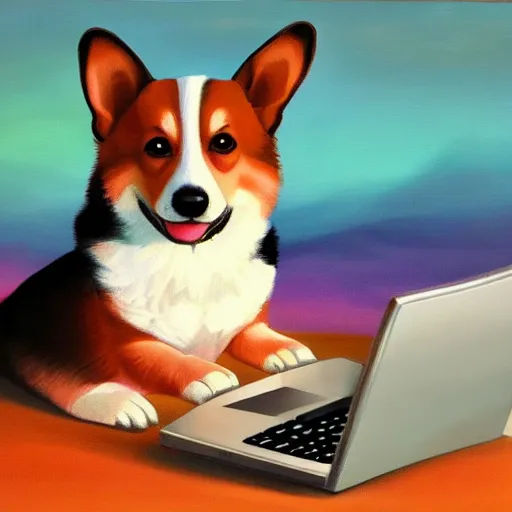 Prompt: corgi sitting behind laptop at sunset drinking cocktail on bed among the greenery, surrealistic scene, oil painting, trending in Artstation, artstationHD, 4k