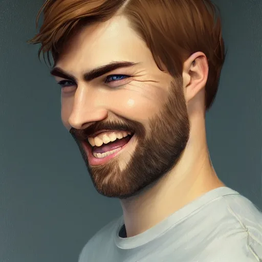 Image similar to tall chunky man in his twenties with brown blond short regular haircut and round facial structure with cleft chin, straight eyebrows, big blue eyes, smiling, cheekbones, straight nose, wider face, shadow of beard, atmospheric lighting, painted, intricate, 4 k, highly detailed by charlie bowater