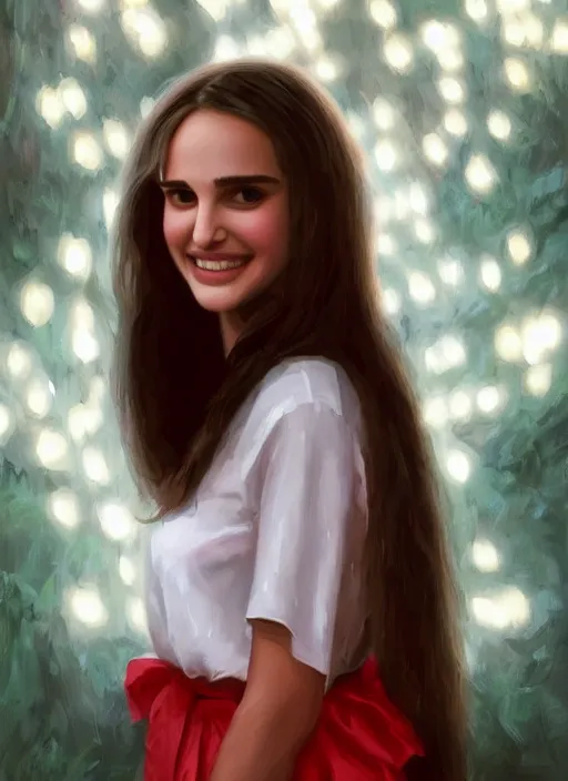 Prompt: portrait of teenage natalie portman, long haircut, flowing dark hair, white shirt, red tie, smiling kindly, forest at background, 1 9 8 0 s, intricate, elegant, glowing lights, highly detailed, digital painting, artstation, concept art, smooth, sharp focus, illustration, art by wlop, mars ravelo and greg rutkowski