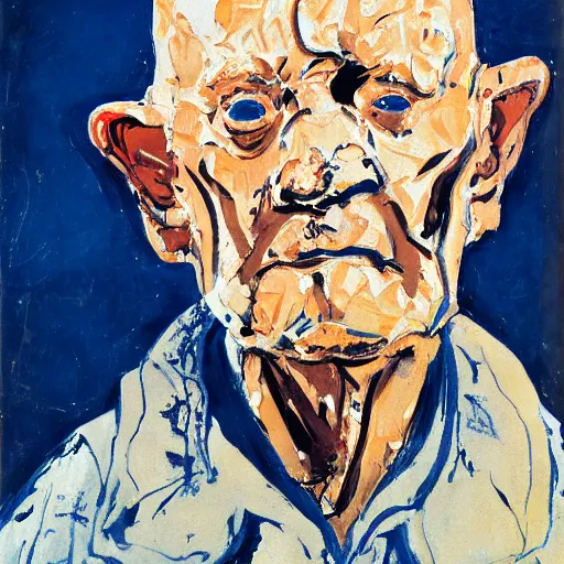 Prompt: painting of an old man staring at you, by georg baselitz