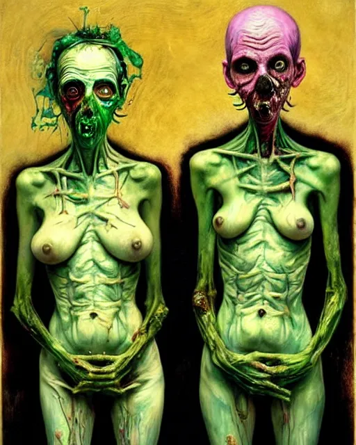 Prompt: two skinny old zombies, wearing gas masks, cinematic, dystopian, eerie, horror, gothic, draped in gold, green and pink, highly detailed painting by !!!Jenny Saville!!!, Esao Andrews, (((Francis Bacon))), Edward Hopper, surrealism, art by Takato Yamamoto and James Jean