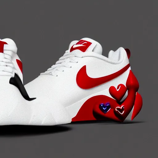 Prompt: nike sneaker in the shape of a heart infront of a single color background, octane render, highly detailed