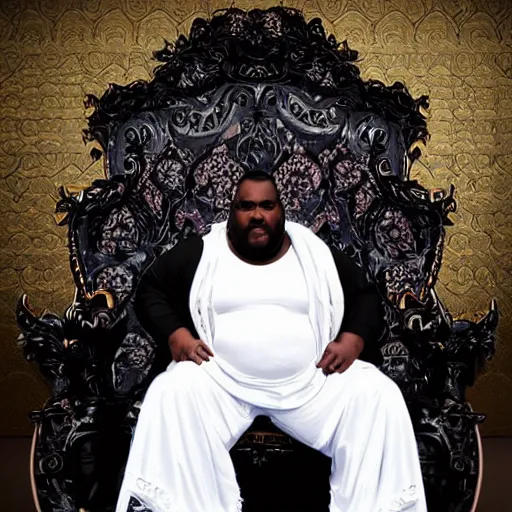 Image similar to Large black man sitting on throne wrapped in silk, background made of large folding curtains, blacklight lighting, dark, hyper detailed, hyper realistic, 8K phot realistic,