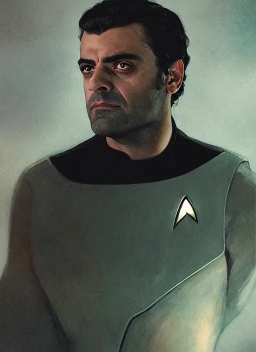 Image similar to oscar isaac as a star trek captain, a still from star trek painted by artgerm and greg rutkowski and alphonse mucha. clear highly detailed face, beautiful sci fi art