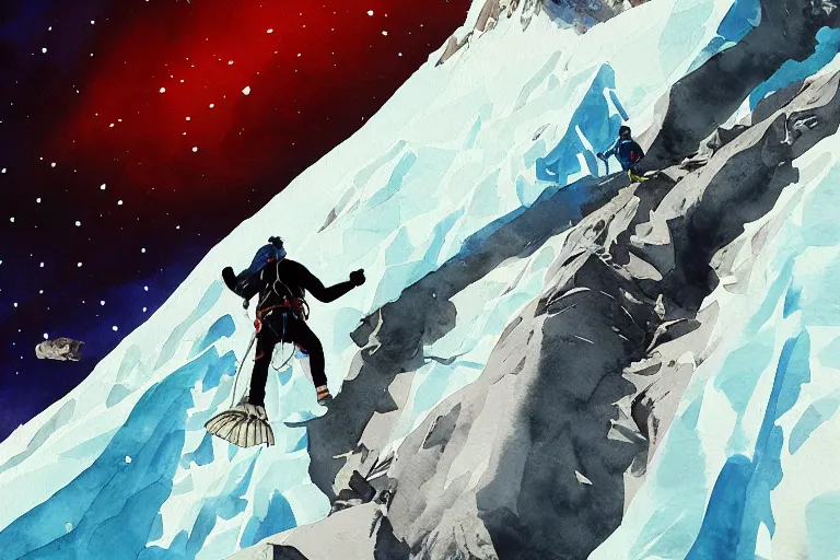 Image similar to diving from the top of mount everest. Film watercolor, artstation, highly detailed. Sharp, 8k