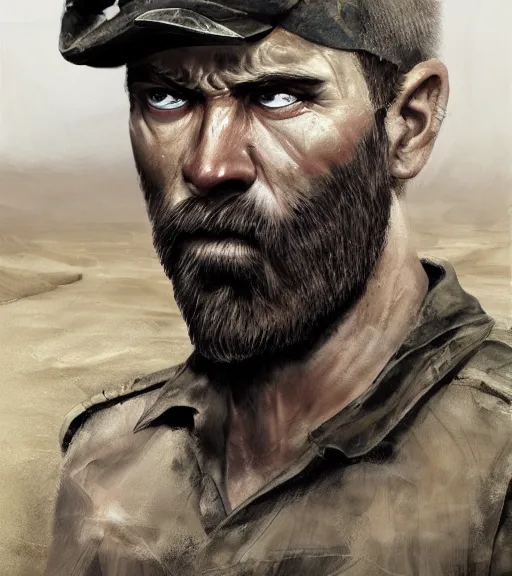 Image similar to portrait of muscular, tired and alcoholic 3 0 - year - old grieving man with short darkblonde hair, serious sad look in his eyes, looking down, dirty beard, blue eyes, crying tears, wearing dirty soldier uniform, on the desert, sad atmosphere, hyper realistic face, character art, art by mark brooks, cryengine, trending on artstation, digital art