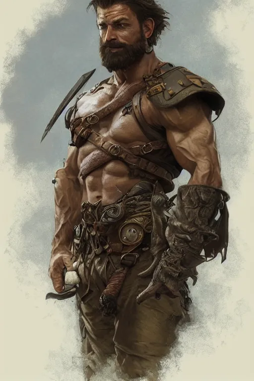 Image similar to portrait of a rugged ranger, muscular, upper body, hairy torso, D&D, fantasy, intricate, elegant, highly detailed, digital painting, artstation, concept art, matte, sharp focus, illustration, art by Artgerm and Greg Rutkowski and Alphonse Mucha