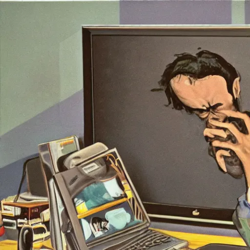 Image similar to an angry man screams at his computer monitor, oil on canvas, 1 9 6 7, highly detailed