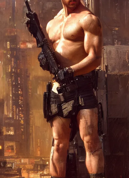 Prompt: 🏋♂ cyberpunk mercenary in a military vest ( blade runner 2 0 4 9, cyberpunk 2 0 7 7 ). orientalist portrait by john william waterhouse and james gurney and theodore ralli and nasreddine dinet, oil on canvas. cinematic, hyper realism, realistic proportions, dramatic lighting, high detail 4 k