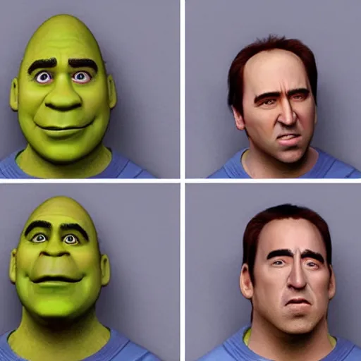 Prompt: Shrek and Nicholas cage mug shots photograph