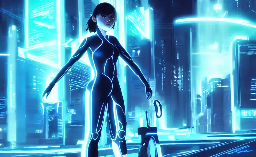 Image similar to tron legacy scenery of a woman in a neon blue matte black outfit, full shot, atmospheric lighting, detailed faces, by makoto shinkai, stanley artgerm lau, wlop, rossdraws