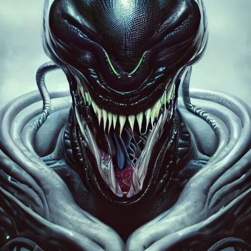 Image similar to portrait of venom, intricate artwork, concept art, octane render, deviantart, cinematic, key art, hyperrealism, iridescent accents, portrait photograph, nikon 3 5 mm, photograph by greg rutkowski