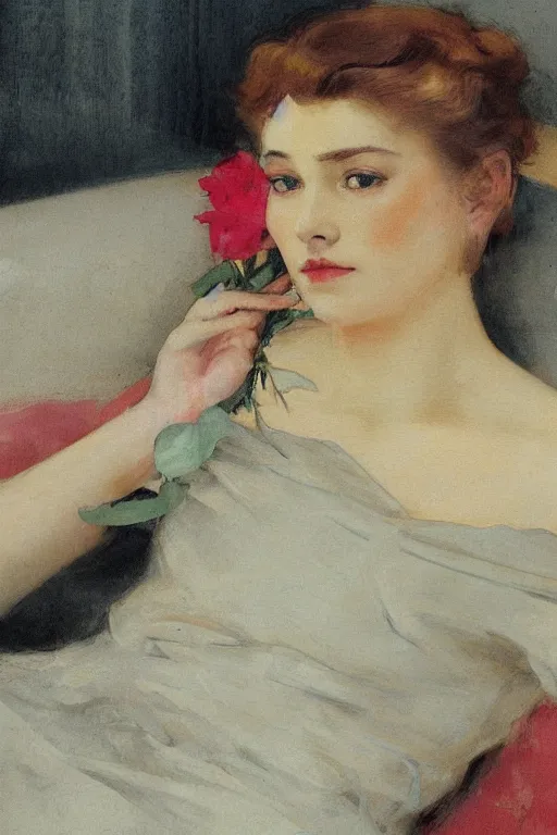 Prompt: european woman in a gown laying on couch, close up, bloom flowers, modern, eclectic, illustration, by ramon casas