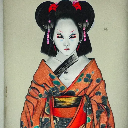 Image similar to realistic full body photo of demon geisha, gorgeous, scary, symmetrical, golden ration, high detail