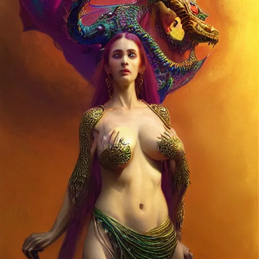 Prompt: cute female bellydancer dragon, anthropomorphic, stuning 3 d render, masterpiece, glowing holy aura, by donato giancola and greg rutkowski and wayne barlow and zdzisław beksinski, realistic face