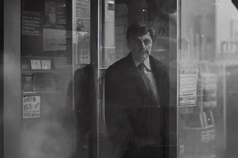 Image similar to a cinematic headshot portrait of an evil scientist, stood outside a corner shop, foggy, colour, detailed, deep focus, movie still, dramatic lighting, by fay godwin