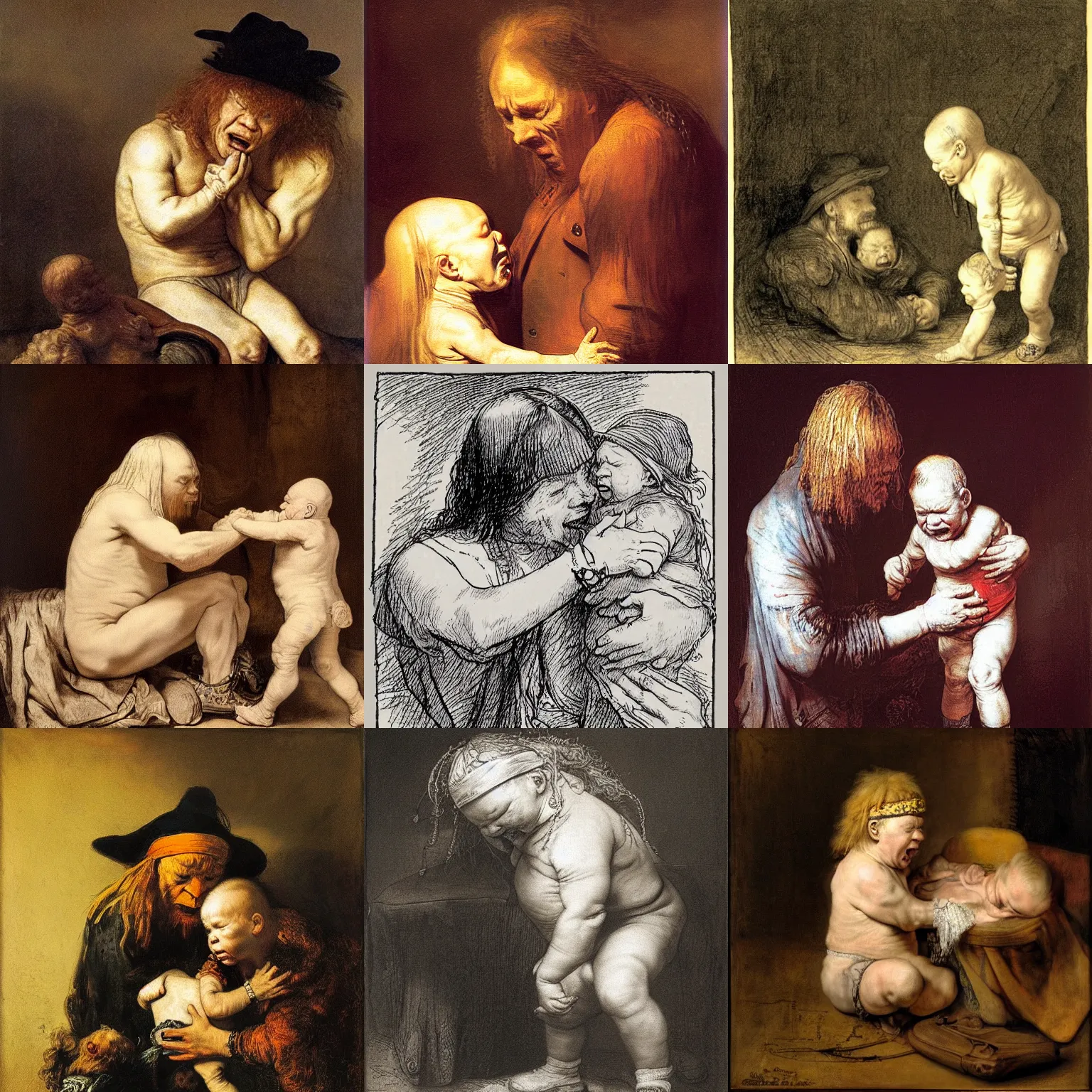 Prompt: axl rose changing the diapers of a crying baby, by rembrandt