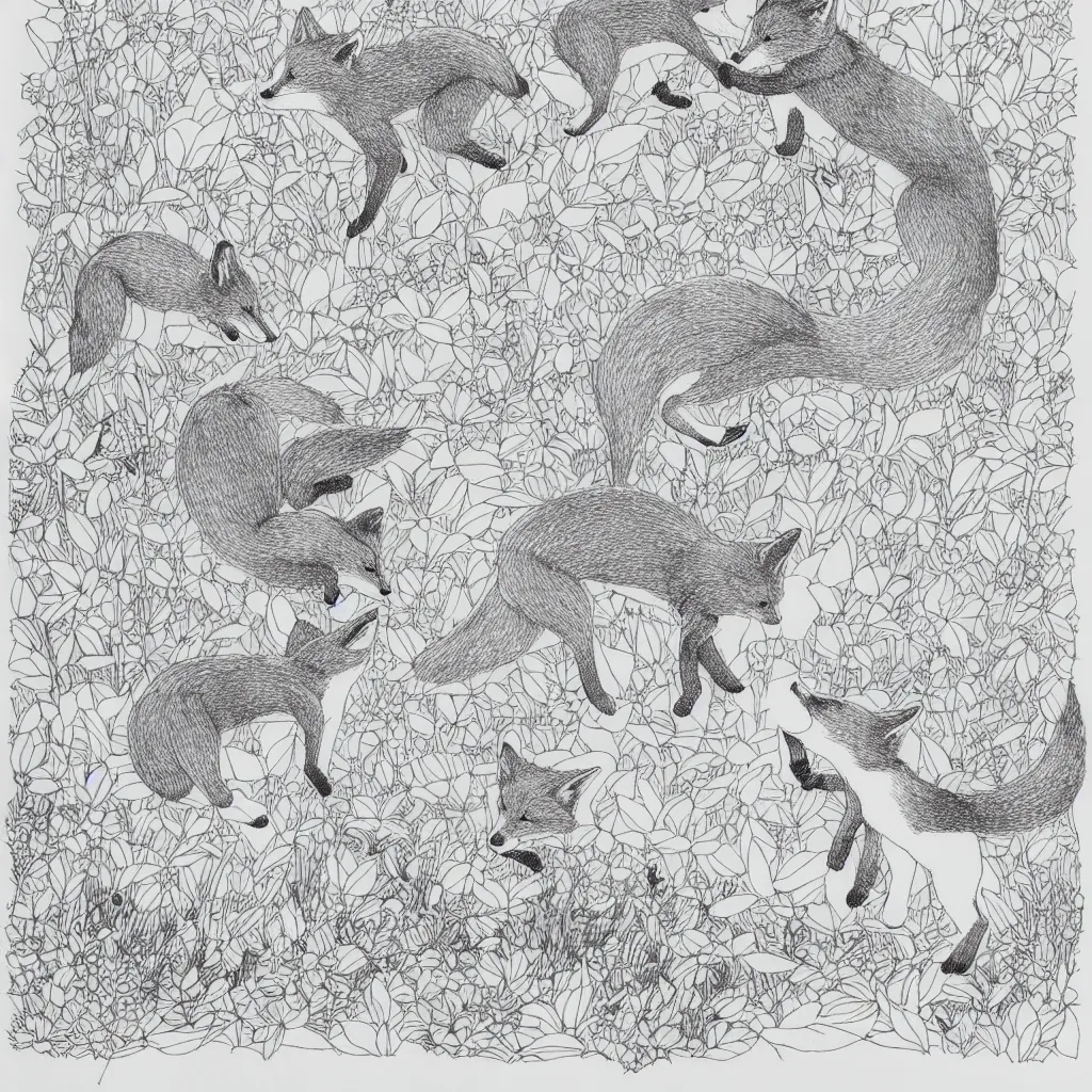 Prompt: foxes playing jumping in tranquillity garden ink drawing by james jean very fine linework