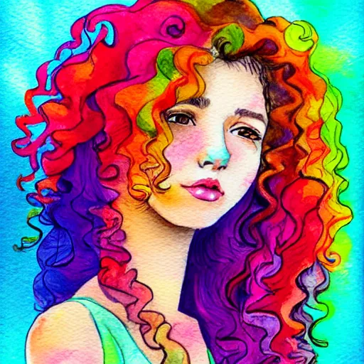 Prompt: beautiful girl with curly hair, watercolor style, colorful, pastel colors, ultra detailed