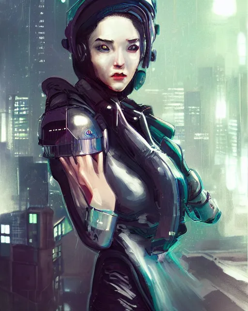 Image similar to photorealistic character portrait of a beautiful half cyborg woman with a mischievous look, the half cyborg woman is wearing a long trench coat, in a night rooftop scene by Liam Wong, character portrait in the style of Artgerm and NeoArtCorE