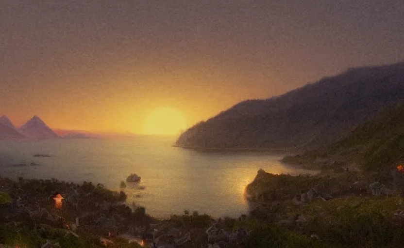 Image similar to small cozy town on a hill overlooking the ocean, close up shot, at dusk, distant mountains, 4k, rule of thirds, extreme detail, hazy water, intricate ink illustration, trending on artstation, cgsociety, hd, calm, complimentary colours, realistic lighting, by Albert Bierstadt, Frederic Edwin Church.