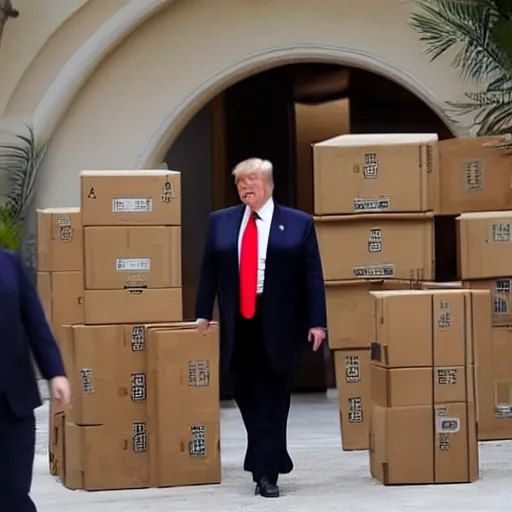 Image similar to donald trump leaving mar - a - lago with cardboard boxes, lego,