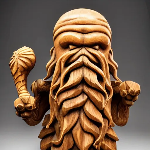 Image similar to wooden sculpture of a bearded viking fighting cthulhu, polished maple, thoughtful, elegant, real