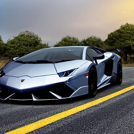 Image similar to super realistic supercar lamborghini on a road, 4k, 8k, hdr, full hd, high quality textures, high quality shadows, high quality lightning, intense world lightning, HDR, global illumination, post processed, hyperrealistic, photorealistic, photo realistic, realistic, detailed sky