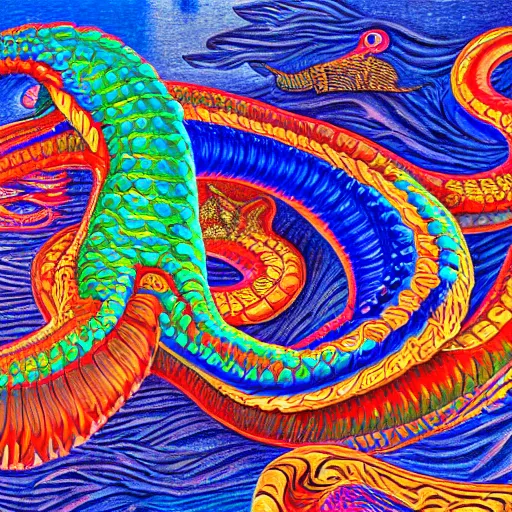 Image similar to quetzalcoatl in the ocean, extreme vivid colors, abstract realism, highly ornate intricate details, 1 9 2 0's colored pencil, 4 k, cinematic lighting,