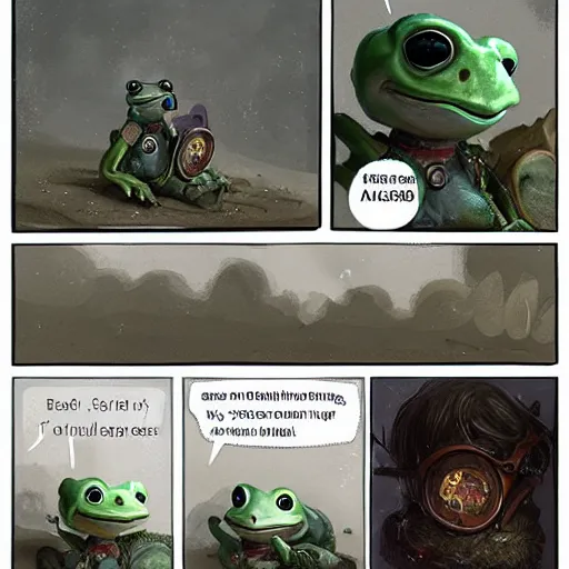 Image similar to Anthropomorphic child frog who wears goggles and apocalyptic tech,greg rutkowski,and Sarah Andersen,ambient style, very detailed,detailed,detailed