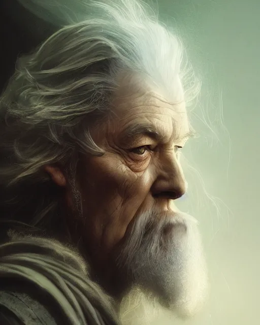 Image similar to gandalf with facial cybernetic enhancements, android, detailed face, scifi character portrait by greg rutkowski, esuthio, craig mullins, 1 / 4 headshot, cinematic lighting, dystopian scifi gear, gloomy, profile picture, mechanical, half robot, implants, steampunk