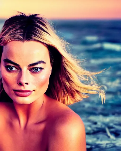 Prompt: a portrait of margot robbie on the beach, sexy look, 8k, hyper-detailed, cinematic, sunset