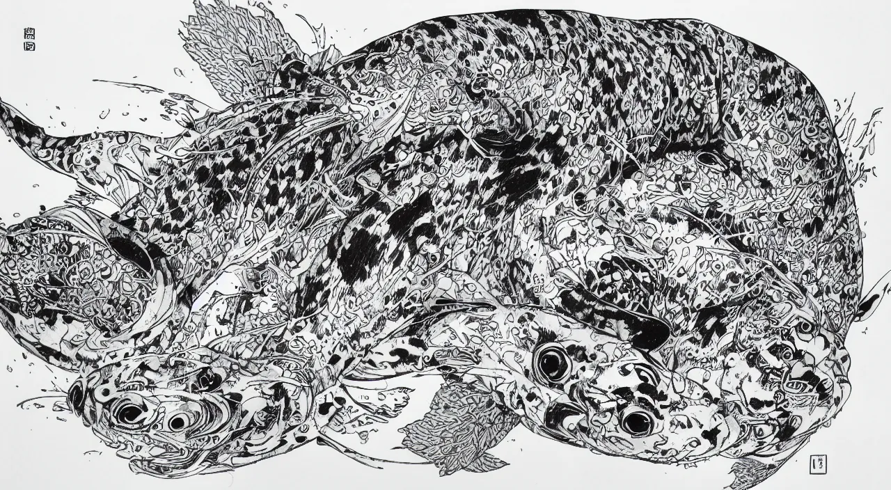Prompt: Transformation of koi into a tiger, by fish eye lens perspective, ink on paper by Kim Jung Gi