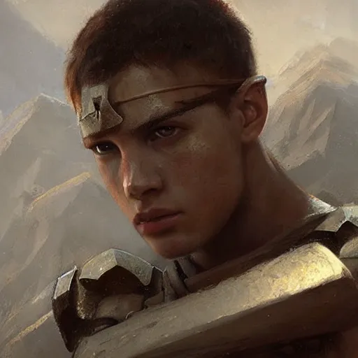 Image similar to Closeup shot of a young Spartan soldier, by Greg Rutkowski, painting, majestic art