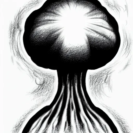 Image similar to vladimir putin wearing a nuclear mushroom cloud blast for a hat, cartoonish, ultra detailed pencil drawing, full perspective