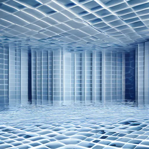 Image similar to flooded room made of white tiles, liminal space, surreal, minimalist architecture, blue water,