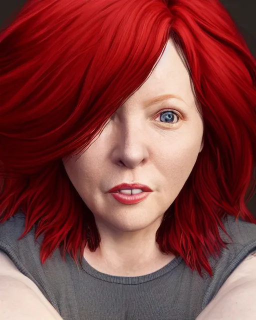 Prompt: portrait of short and plump 5 0 - year - old woman with red hair and a kind face, hyper realistic face, beautiful eyes, character art, art by mark brooks, hyperdetailed, cryengine, trending on artstation, digital art